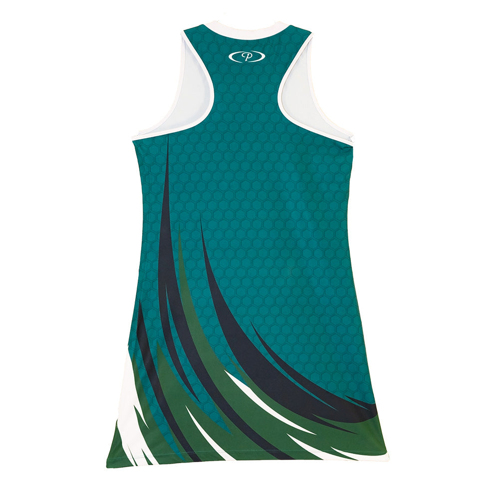 Jaguar_Netball_Dresses_ Emerald_White_Back_Side